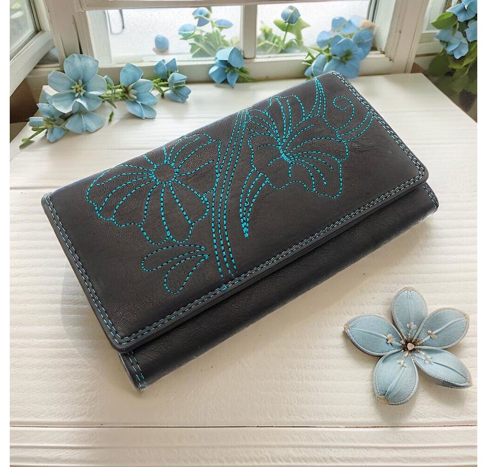 JOCKEY CLUB Geldbörse echt Leder Damen Portemonnaie mit RFID Schutz, wunderschöne Blütenstickerei, schwarz petrol von JOCKEY CLUB