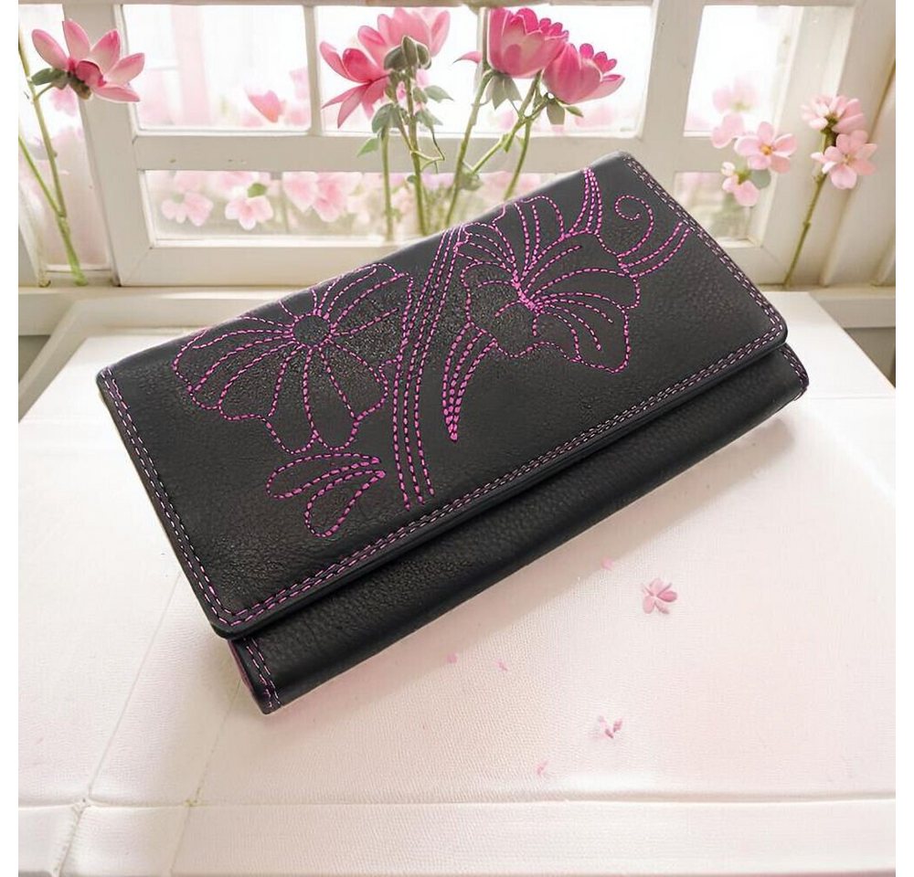 JOCKEY CLUB Geldbörse echt Leder Damen Portemonnaie mit RFID Schutz, wunderschöne Blütenstickerei, schwarz pink von JOCKEY CLUB