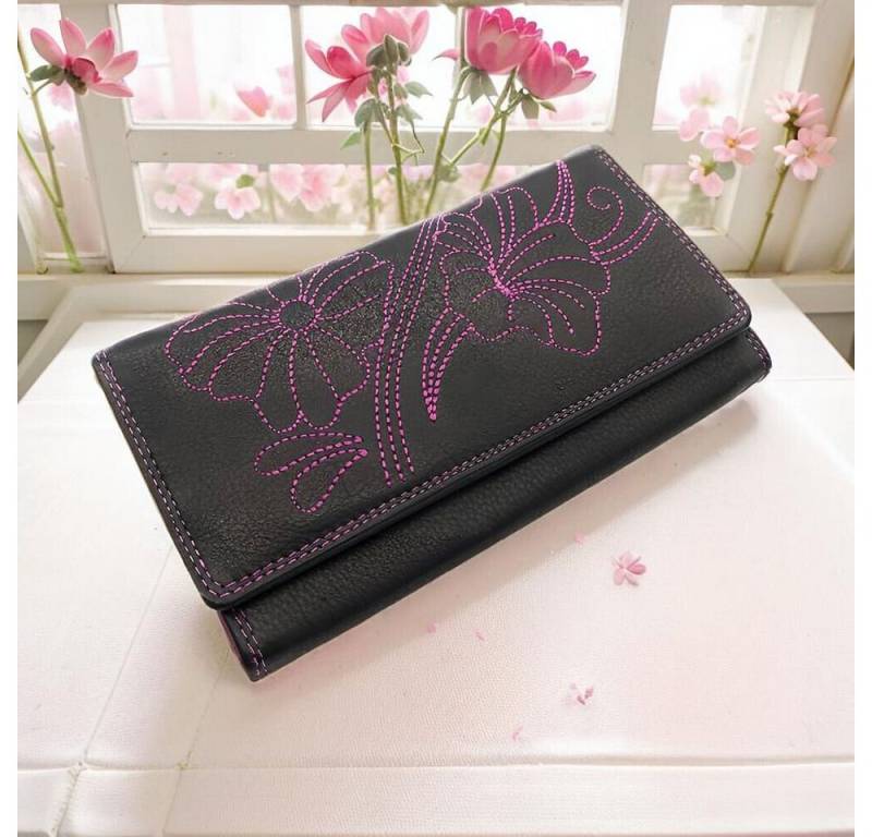 JOCKEY CLUB Geldbörse echt Leder Damen Portemonnaie mit RFID Schutz, wunderschöne Blütenstickerei, schwarz pink von JOCKEY CLUB