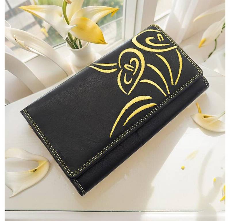 JOCKEY CLUB Geldbörse echt Leder Damen Portemonnaie mit RFID Schutz, olle Blütenstickerei, schwarz gelb von JOCKEY CLUB