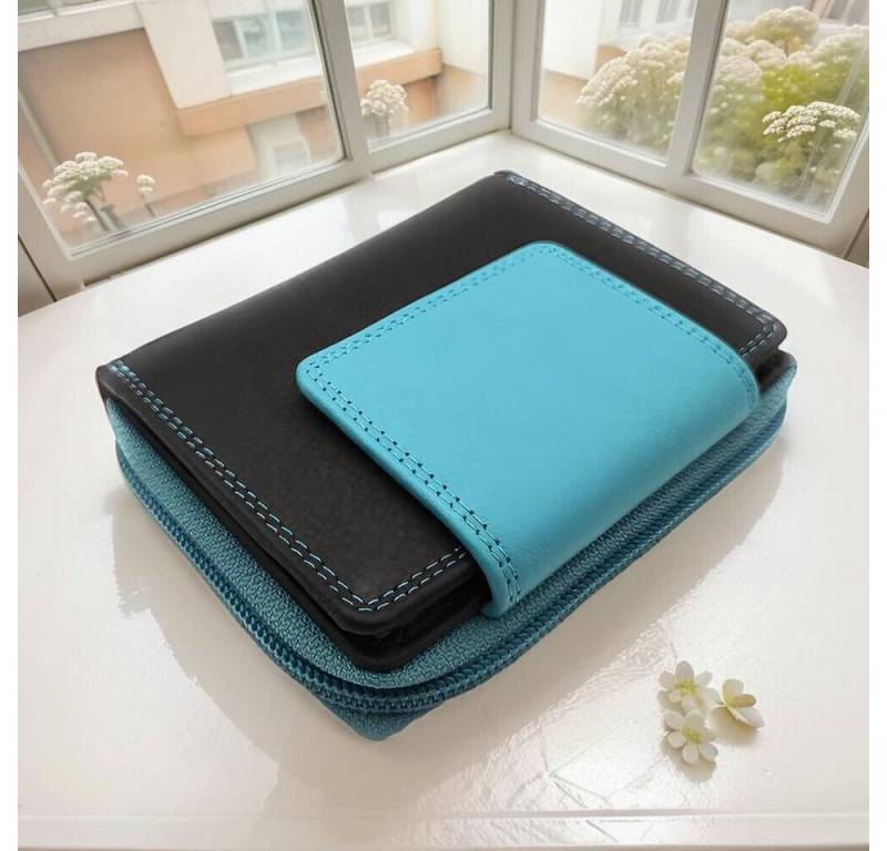 JOCKEY CLUB Geldbörse echt Leder Damen Portemonnaie mit RFID Schutz bicolor, weiches Rindleder, kompakte Maße, viel Platz, schwarz blau von JOCKEY CLUB