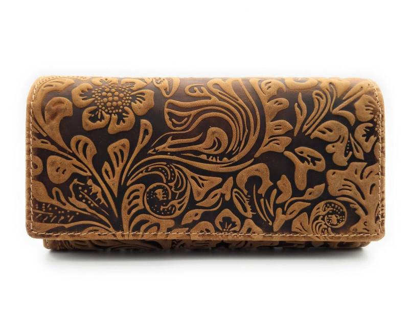 JOCKEY CLUB Geldbörse echt Leder Damen portemonnaie mit RFID Schutz "Liane", florale Prägung, Reißverschluss Münzfach, cognac braun von JOCKEY CLUB