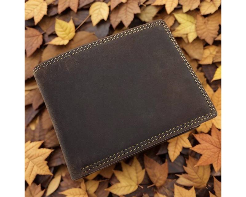 JOCKEY CLUB Geldbörse echt Leder Herren Portemonnaie, robustes Hunterleder, dunkelbraun, Scheinfächer aus Leder, mit RFID Schutz von JOCKEY CLUB