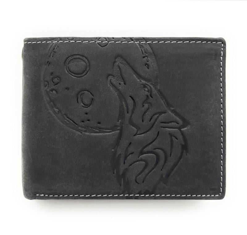 JOCKEY CLUB Geldbörse echt Leder Portemonnaie mit RFID Schutz geprägter Wolf, Geldbeutel, Mond, Farbe schwarz von JOCKEY CLUB