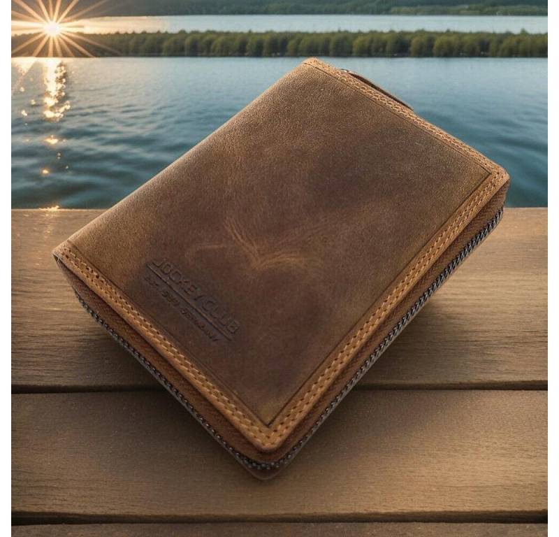JOCKEY CLUB Geldbörse echt Leder Portemonnaie mit RFID Schutz vintage Hunterleder, umlaufender Reißverschluss von JOCKEY CLUB