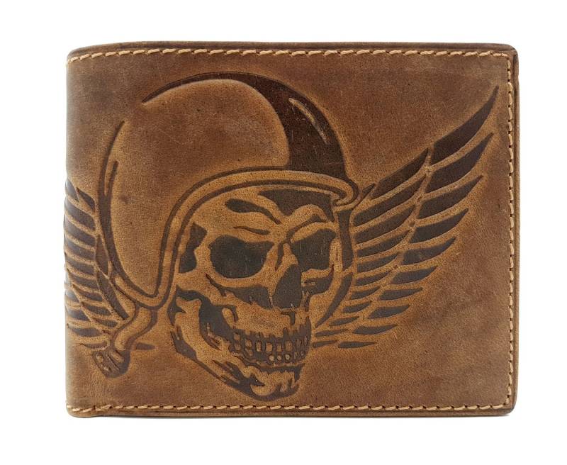 JOCKEY CLUB Geldbörse echt Leder Biker Portemonnaie "Wing of Hell" mit RFID Schutz, mit coolem Totenkopf, geprägt, robustes Hunterleder von JOCKEY CLUB