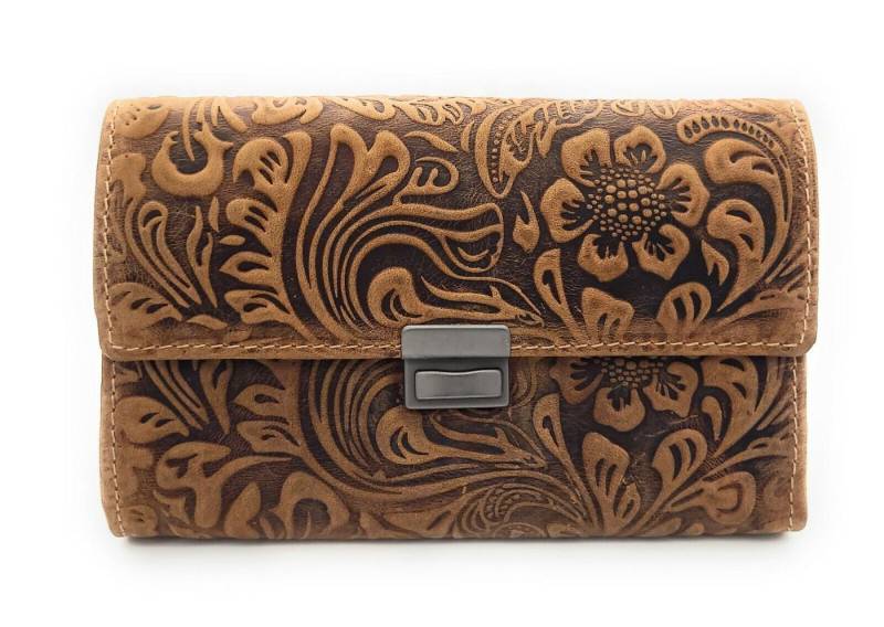 JOCKEY CLUB Kellnerbörse feminine echt Leder Profi Taxibörse Truckerbörse Geldbörse Liane, florale Prägung mit Ranken und Blüten von JOCKEY CLUB