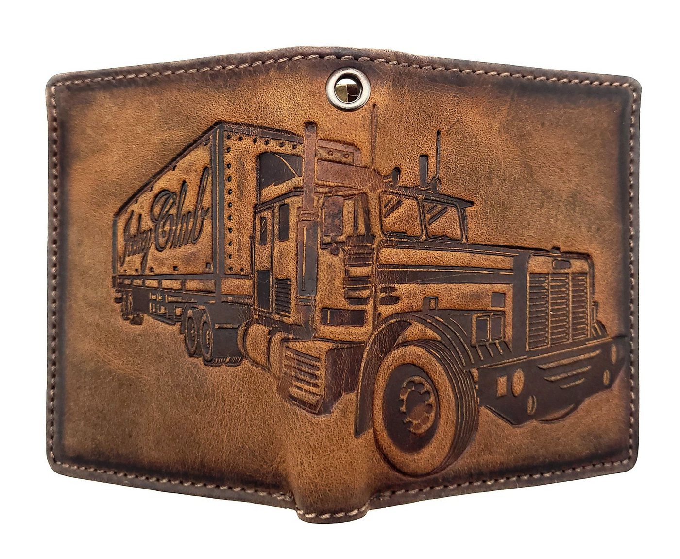JOCKEY CLUB Mini Geldbörse aus Büffelleder mit LKW-Prägung, RFID-Schutz und Öse für Kette von JOCKEY CLUB
