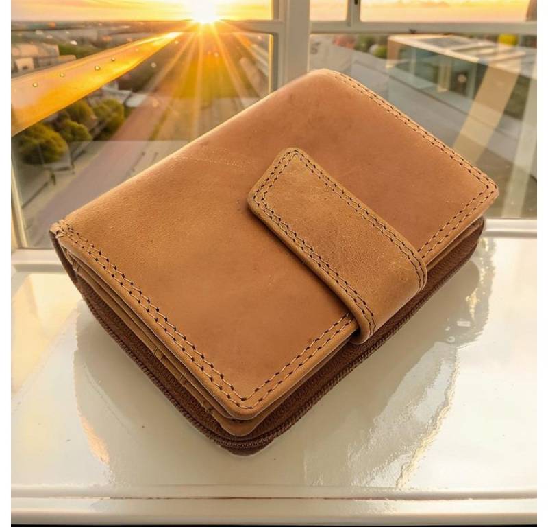 JOCKEY CLUB Mini Geldbörse echt Leder Damen Portemonnaie mit RFID Schutz, Sauvage Rindleder, kompakt & handlich, cognac braun von JOCKEY CLUB