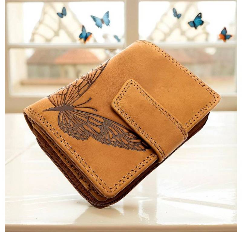 JOCKEY CLUB Mini Geldbörse kleines echt Leder Damen Portemonnaie mit RFID Schutz, wunderschöner Schmetterling, Sauvage Rindleder, cognac braun von JOCKEY CLUB