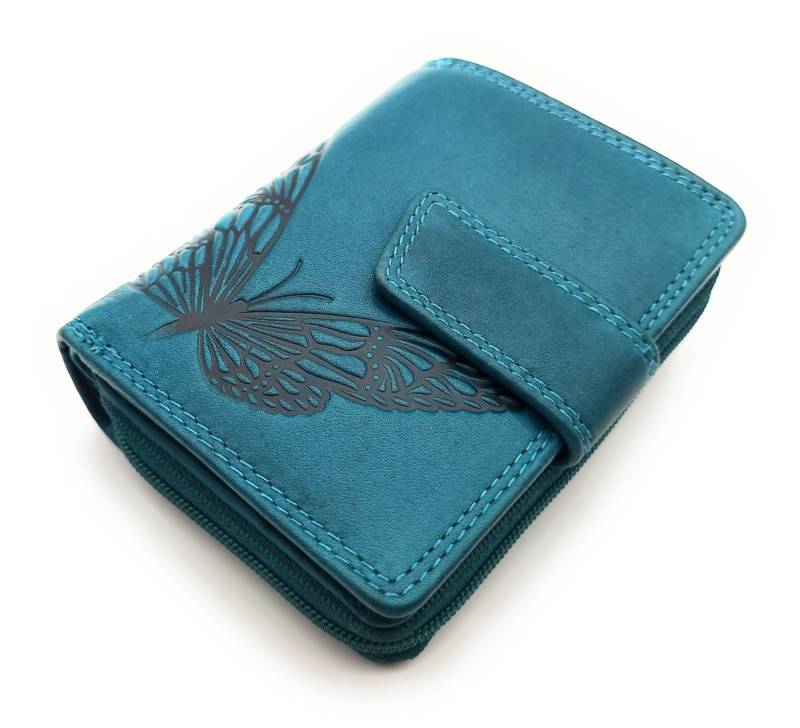 JOCKEY CLUB Mini Geldbörse kleines echt Leder Damen Portemonnaie mit RFID Schutz, wunderschöner Schmetterling, Sauvage Rindleder, petrol blau von JOCKEY CLUB