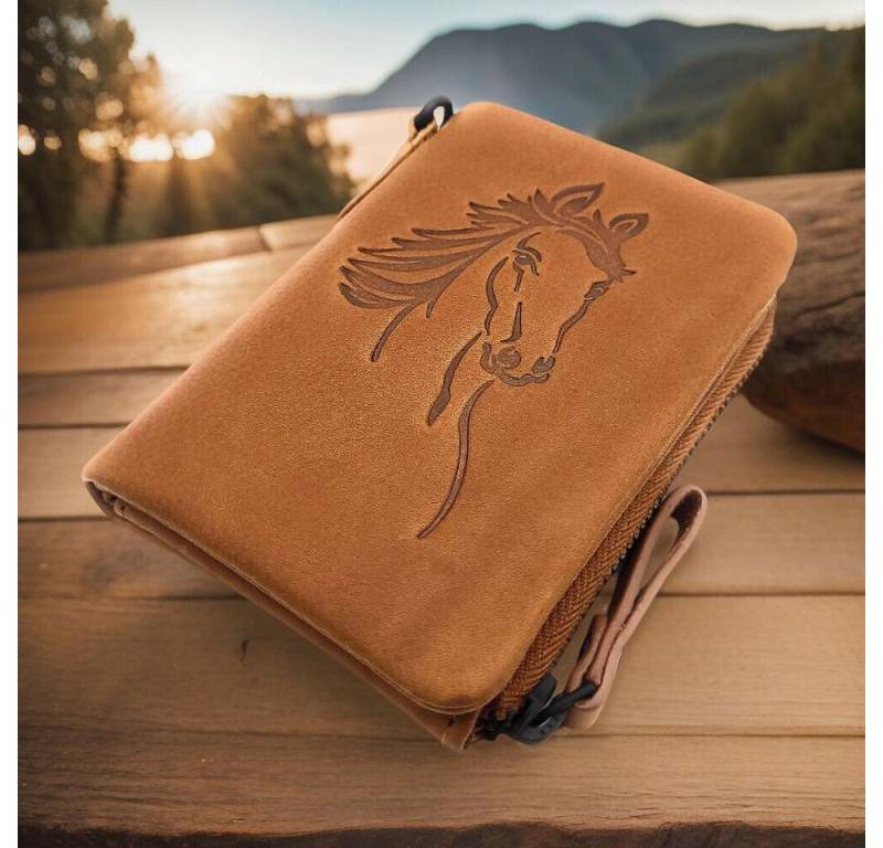 JOCKEY CLUB Mini Geldbörse kleines echt Leder Portemonnaie, Urlaubsbörse mit RFID Schutz, süßer, geprägter Pferdekopf, gewachstes Rindleder von JOCKEY CLUB