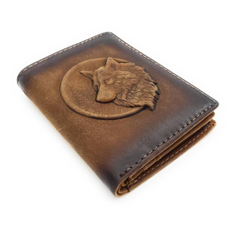 JOCKEY CLUB Mini Geldbörse kleines echt Leder Portemonnaie mit RFID Schutz, 3D geprägter Wolf von JOCKEY CLUB