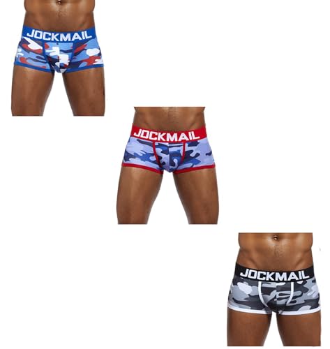 JOCKMAIL 3 Pack Herren Camoflage Unterwäsche Boxer Sexy Klassisch Gedruckt Camouflage Männer Unterwäsche Höschen, 413-rot+blau+grau, Medium von JOCKMAIL