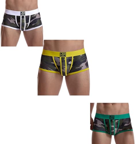 JOCKMAIL 3 Pack Herren Camoflage Unterwäsche Boxer Sexy Klassisch Gedruckt Camouflage Männer Unterwäsche Höschen, 463-weiß+gelb+grün, Medium von JOCKMAIL