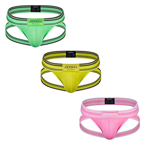 3 Stück/Pack Herren Jockstrap Unterwäsche Suspensorium Wide Belt Herren Jockstrap Sportliche Unterstützer (M, Grün+gelb+pink) von JOCKMAIL