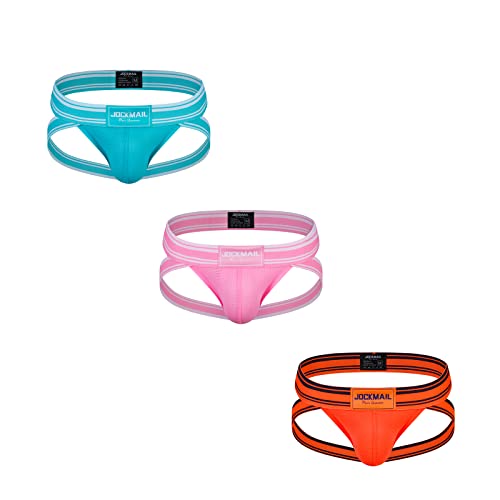 3 Stück/Pack Herren Jockstrap Unterwäsche Suspensorium Wide Belt Herren Jockstrap Sportliche Unterstützer (as3, Alpha, xx_l, Regular, Regular, hellblau+orange+pink) von JOCKMAIL