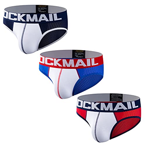 JOCKMAIL 3 Stück/Pack Herren Slips Schwacher Anstieg Herren Unterwäsche Slip Herren Bikini Slip Höschen für Männer (XL, Blau+Dunkelblau+Rot) von JOCKMAIL