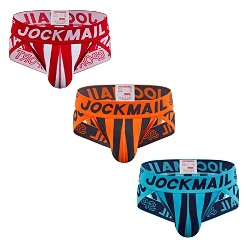 JOCKMAIL 3 Stück/Packung Herren Slips Unterwäsche Gestreift Breiter Gürtel Herren Unterwäsche Slips Athletische Sport Unterwäsche Slips (as3, Alpha, x_l, Regular, Regular, rot+orange+Seeblau) von JOCKMAIL