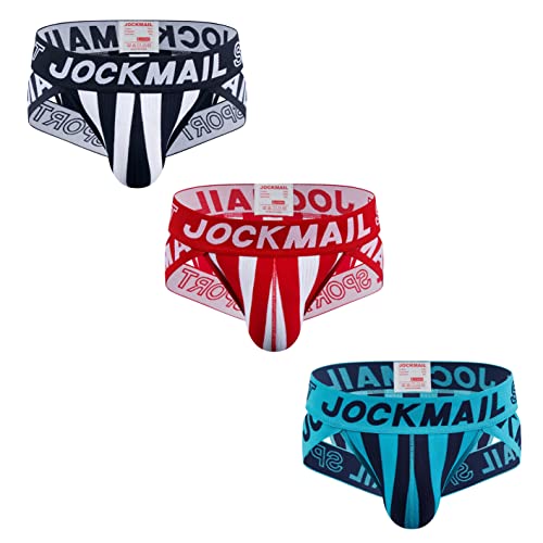 JOCKMAIL 3 Stück/Packung Herren Slips Unterwäsche Gestreift Breiter Gürtel Herren Unterwäsche Slips Athletische Sport Unterwäsche Slips (as3, Alpha, x_l, Regular, Regular, schwarz+rot+Seeblau) von JOCKMAIL