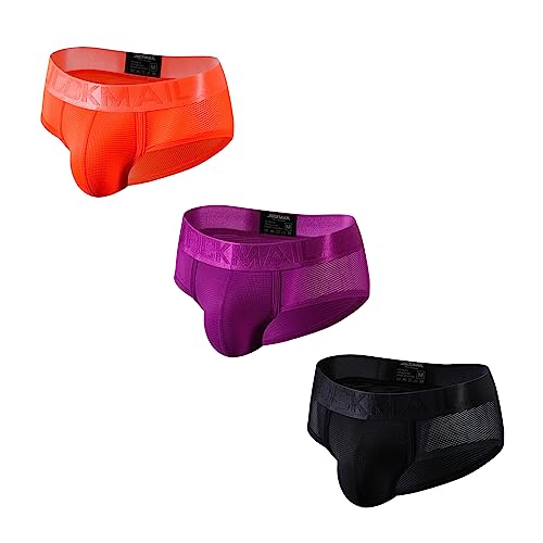 JOCKMAIL 3 Stück/Packung Herren Slips Unterwäsche Low Rise Wide Belt Herren Unterwäsche Atmungsaktive Herren Slips (as3, Alpha, l, Regular, Regular, orange+schwarz+lila) von JOCKMAIL