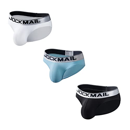 JOCKMAIL 3 Stück/Packung Herren-Unterwäsche, niedrige Taille, atmungsaktive Baumwoll-Slips für Herren, 397 Schwarz + 397 Weiß + 342 Hellblau, L von JOCKMAIL