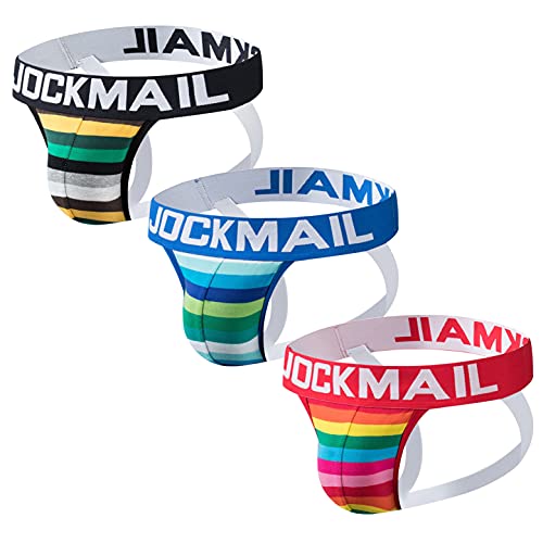 3 Stück/Pack Herren Slip Suspensorium Mode Herren Unterwäsche Sportlich Suspensorium Sport Unterwäsche Slips Athletische Unterstützer (M, Schwarz+Blau+Rot) von JOCKMAIL