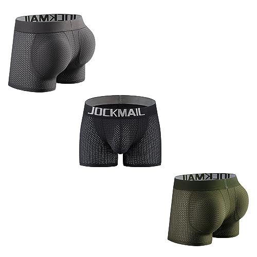 JOCKMAIL 3er-Pack gepolsterte Herren-Boxershorts zur Verbesserung des Gesäßes, männliche Unterhosen mit Schwammpolsterung, Armeegrün + Schwarz + Grau, M von JOCKMAIL