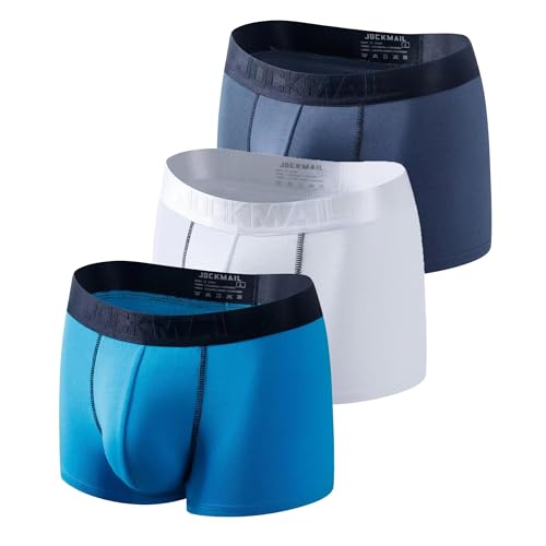 JOCKMAIL Herren Boxershorts 3er Pack, Modal Unterwäsche mit 3D U-Convex Beutel Atmungsaktive Trunks Anti Rutsch Komfortabel (Blauer Schatz + Dunkelgrau + Weiß, L) von JOCKMAIL