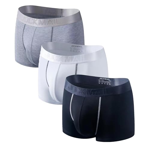 JOCKMAIL Herren Boxershorts 3er Pack, Modal Unterwäsche mit 3D U-Convex Beutel Atmungsaktive Trunks Anti Rutsch Komfortabel (Schwarz + Hellgrau + Weiß, L) von JOCKMAIL