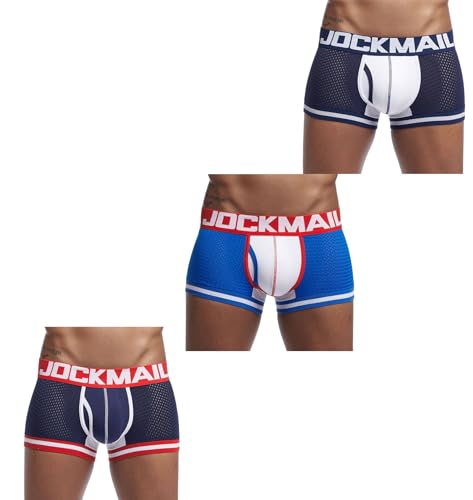 JOCKMAIL Herren Mesh Boxer Brief Unterwäsche Herren Sport Performance Trunks Short Leg Boxer Briefs, Blau+Marine+Dunkelblau, Medium von JOCKMAIL