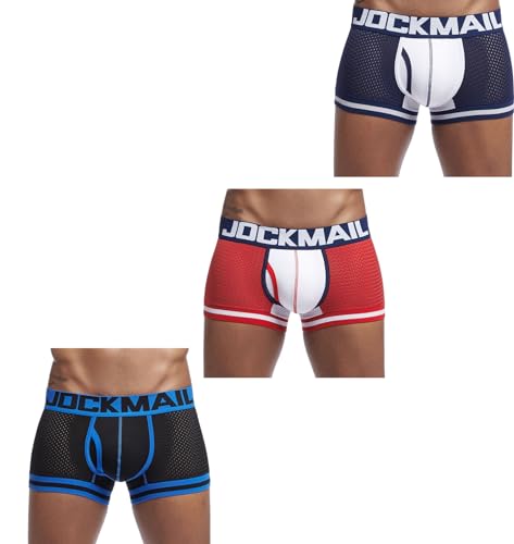 JOCKMAIL Herren Mesh Boxer Brief Unterwäsche Herren Sport Performance Trunks Short Leg Boxer Briefs, Rot+Schwarz+Marine, Large von JOCKMAIL