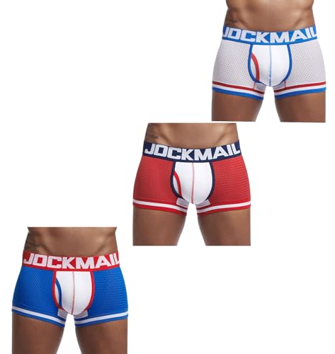 JOCKMAIL Herren Mesh Boxer Brief Unterwäsche Herren Sport Performance Trunks Short Leg Boxer Briefs, Weiß+Rot+Blau, X-Large von JOCKMAIL