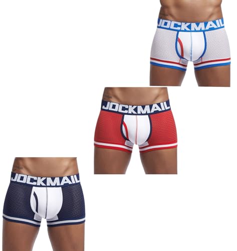 JOCKMAIL Herren Mesh Boxer Brief Unterwäsche Herren Sport Performance Trunks Short Leg Boxer Briefs, Weiß+Rot+Dunkelblau, X-Large von JOCKMAIL