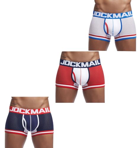 JOCKMAIL Herren Mesh Boxer Brief Unterwäsche Herren Sport Performance Trunks Short Leg Boxer Briefs, Weiß+Rot+Marine, Large von JOCKMAIL