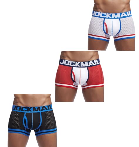 JOCKMAIL Herren Mesh Boxer Brief Unterwäsche Herren Sport Performance Trunks Short Leg Boxer Briefs, Weiß+Schwarz+Rot, XX-Large von JOCKMAIL