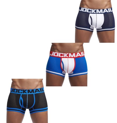 JOCKMAIL Herren Mesh Boxer Brief Unterwäsche Herren Sport Performance Trunks Short Leg Boxer Briefs, blau+schwarz+dunkelblau, Medium von JOCKMAIL