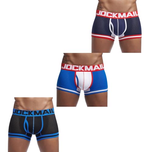 JOCKMAIL Herren Mesh Boxer Brief Unterwäsche Herren Sport Performance Trunks Short Leg Boxer Briefs, blau+schwarz+marine, Large von JOCKMAIL
