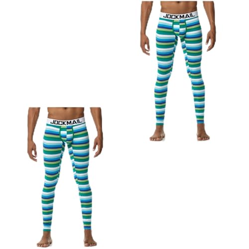 JOCKMAIL Lange Unterhose für Herren, Thermo-Unterwäsche, Baumwolle, bedruckt, Herren-Thermo-Unterwäsche, Schlafhose, Leggings, Ls-1106-blau-2er-Pack, X-Groß von JOCKMAIL