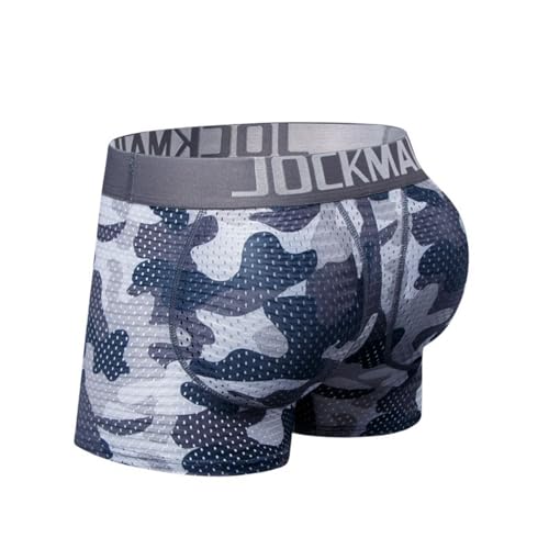 JOCKMAIL Männer Gepolsterte Unterwäsche Mesh Camoflage Butt Lifting Zurück Hüfte Gepolsterte Herren Boxer Kurze Buttoceks Unterhose, Camouflage-Grau, Large von JOCKMAIL