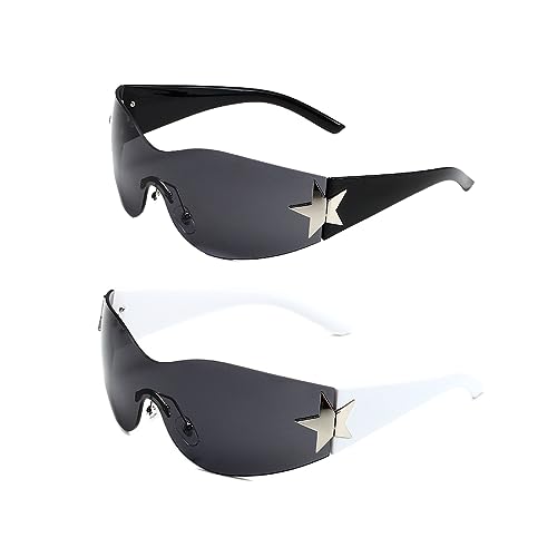 JOCXZI 2Pcs Randlose Y2k Sonnenbrille - Wrap Around, Punk One Piece für Damen und Herren - Schild-Wickel-Sonnenbrille von JOCXZI