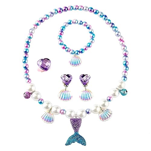 JOCXZI Meerjungfrau Schmuck Set für Mädchen(5pcs), Meerjungfrau Prinzessin Dress Up Set,Kinder Schmuck Sets,Meerjungfrau Kinderschmuck Halskette, Ringe, Armbänder, Ohrring, Bunte Perle,für Mädchen von JOCXZI