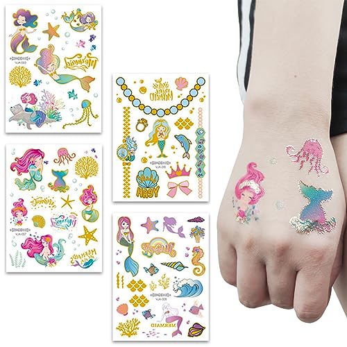 JOCXZI Meerjungfrau Tattoo Kinder, Mitgebsel Kindergeburtstag Geschenke für Mädchen,Leuchtende Kindertattoos Meerjungfrau Spielzeug Mädchen,Meerjungfrau Geburtstag Deko(4 Blätter) von JOCXZI