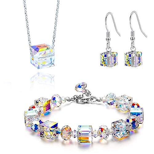 JOCXZI Strass Set, Crystal Schmuck set, Strass Ohrring Halskette Armband Set,Frauen Cube österreichischen Kristall, Party Geschenke Geschenk(3 Stück) von JOCXZI