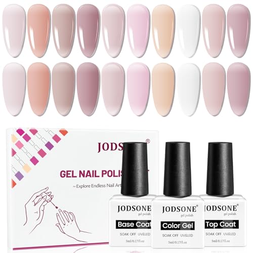 JODSONE 12 PCS Gel Nail Polish Set with Base Coat Top Coat 10 Colors White Pink Nude Jelly Gel Polish Perfect for DIY Nail Art at Home von JODSONE