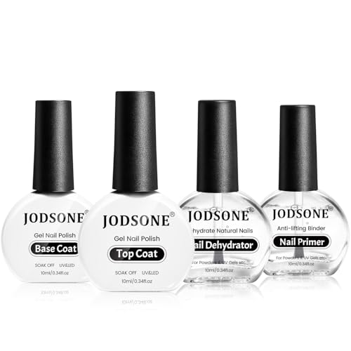 JODSONE 4 Flasche 10ML Nagel Dehydrator Nagel Primer, Base Coat Top Coat Gel UV LED Nagellack Set, No Wipe Unterlack & Überlack, DIY Nail Art Design Langanhaltendes Geschenk für Mädchen von JODSONE