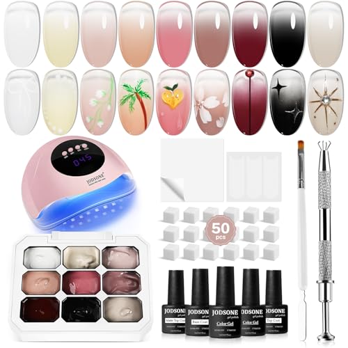 JODSONE 9 Colors Gradient Patting Gel Nail Polish Set with U V Nail Lamp with 50 PCS Nail Sponges and Grabbing Pen von JODSONE