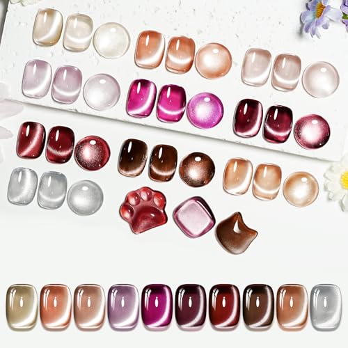 JODSONE Cat Eye Gel Nail Polish Set Pink Rose Red Sliver Collection 10 Colors Holographic Sparkle Cat Eye with Base Coat Top Coat Magnet DIY Nail Art Gift von JODSONE