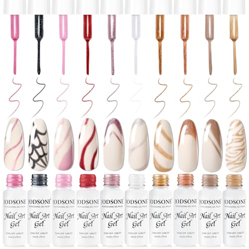 JODSONE Nail Art Gel Liner Set 10 Colors Glitter Red Black Pink Gel Nail polish Need U V Lamp Cured with Thin Brush at Home Salon Design von JODSONE