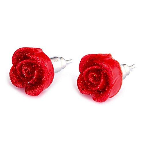 Ohrstecker Ohrring Rot Rose mit Dew Drops mit Kunstharz hergestellt von Joe Cool von JOE COOL